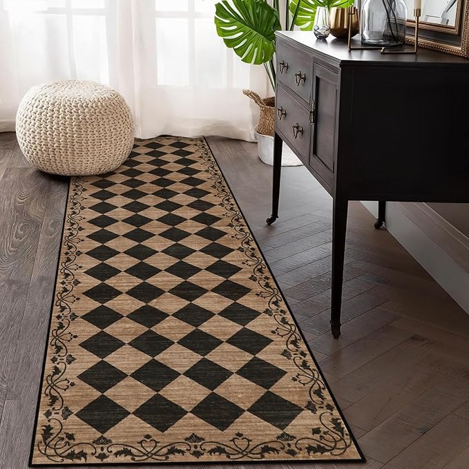 Beeiva Checkered Hallway Runner Rug 2.5x8 Vintage Kitchen Runner Rugs Non Skid Washable 8ft, Stain Resistant Ultra Thin Entryway Decor Framhouse Fall Diamond Carpet for Bathroom Besides (Brown/Black)