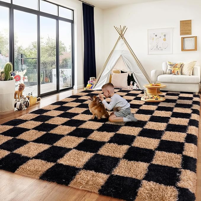 Checkered Rug 4x6 for Bedroom, Fluffy Plush Area Rug Non Slip, Modern Indoor Shag Rugs for Living Room Girls Kids Room Nursery Dorm Home Decor, Black and Beige