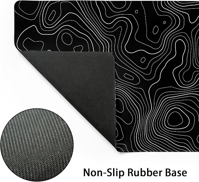 Topographic Contour Black Gaming Mouse Pad XL Topo Geographic Map Lines Extended Large Mouse Pad Big Desk Mat Non-Slip Rubber Base Stitched Edge Long Keyboard Playmat for Desk Computer,31.5×11.8 in