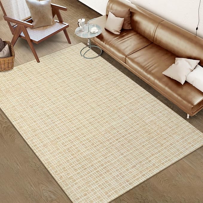 Living Room Rug 5x7 Area Rugs Washable Bedroom Rug Modern Plaid Neutral Area Rug Non Slip Throw Rugs Farmhouse Soft Faux Wool Low Pile Stain Resistant Carpet for Dining Room 5'x7' Yellow