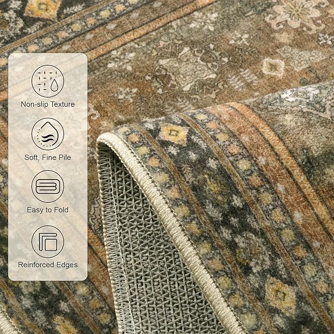 Area Rugs 5x7, Washable Rugs for Living Room, Non-Slip Rug, Boho Medallion Rug, Distressed Carpet, Low Pile Boho Rugs for Bedroom Dining Room