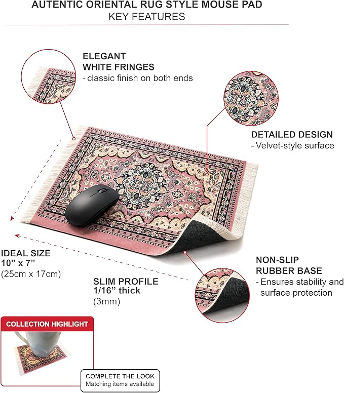 3-Piece Carpet-Style Desk Set – Pink Mouse Pad, Mini Rug Coaster & Bookmark, Colorful Elegant Office Accessories, Novelty Gift