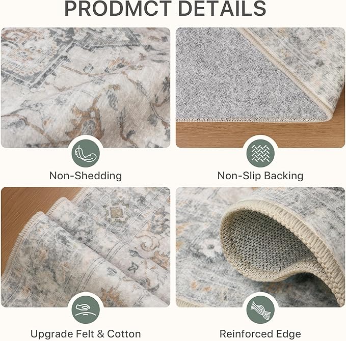 4x6 Area Rugs for Living Room, Machine Washable Low Pile Vintage Rugs, Non Slip Lightweight Print Rug for Bedroom, Dining Room, Home Office, Light Taupe Brown