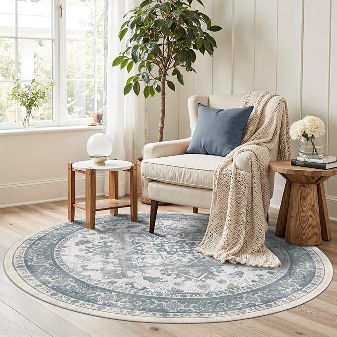 4ft Circle Rug, Soft Round Boho Rug, Washable Non Slip Area Rug for Living Room, Bedroom, Dining Room, Entryway, Round Rugs for Home, Patio, Office, Kids Room, Coral(Blue&Grey)
