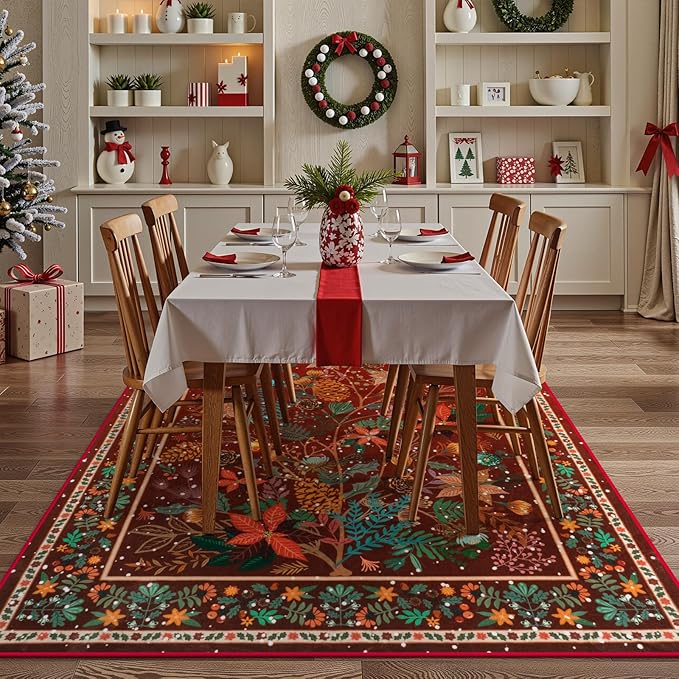 Anidaroel Christmas Area Rug 5x7, Botanical Floral Washable Xmas Rugs for Living Room Holiday Decor, Non-Slip Soft Modern Bedroom Rug, Low Pile Indoor Throw Carpet for Nursery, Home Office, Red