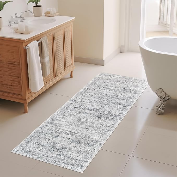 2x5 Rug Runner Washable for Entryway, Soft Bathroom Rugs with Non-Slop Backing, Abstract Low Pile Hallway Runner, Vintage Small Kitchen Carpet for Stair, Laundry Room(2'x5', Grey/Ivory)