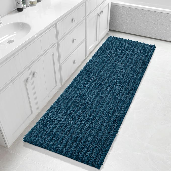 Yimobra Bathroom Runner Rug 60x24 Inch - Extra Long Non Slip Chenille Bath Mat, Soft & Absorbent, Machine Washable Shaggy Hallway Carpet for Vanity Tub Shower, Peacock Blue Home Decor Accessories