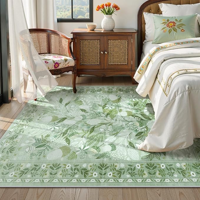 Anidaroel Sage Green Botanical Washable Rugs 5x7, Non-Slip Large Area Rug for Living Room, Soft Modern Rugs for Bedroom Aesthetic, Stain Resistant Dining Room Mat Carpet for Dorm Playroom