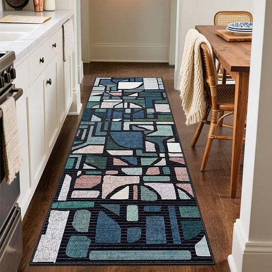 DEXDE 2x6 Runner Rug for Hallway, Washable Abstract Non Slip Low Pile Throw Vintage Checkered Rugs Soft Modern Indoor Carpet for Kitchen Bedroom Bathroom Laundry Entrance, Blue