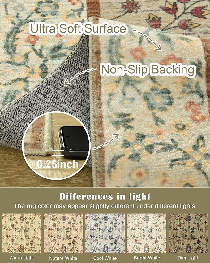 5x7 Washable Boho Area Rug for Living Room, Vintage Floral Non Slip Bedroom Rugs, Soft Low Pile Carpet for Kitchen Bathroom Farmhouse Nursery Kids Room Dining Room, Beige/Green
