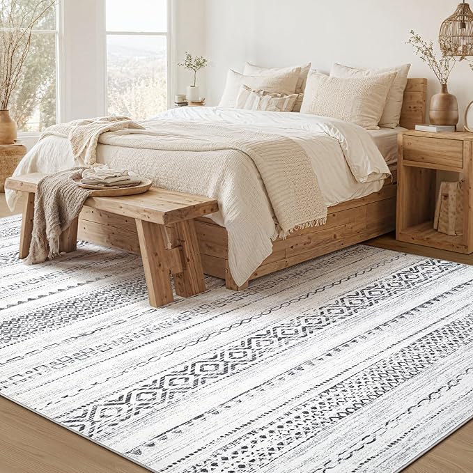 Area Rug Living Room Rugs - 5X7 Washable Boho Farmhouse Bohemian Neutral Large Moroccan Geometric Soft No Slip Indoor Thin Floor Carpet for Bedroom Under Dining Table -Square Grey