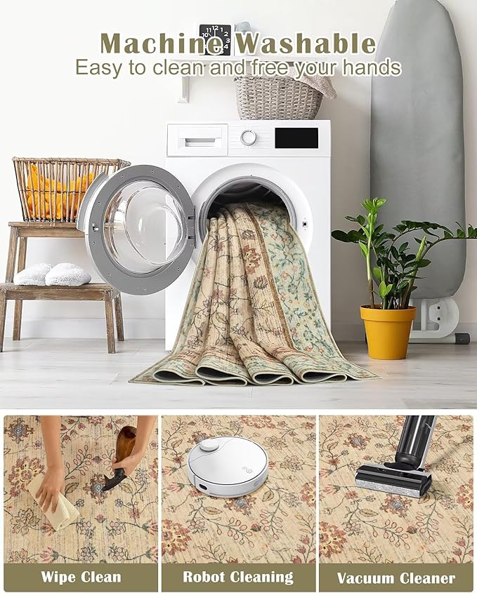 5x7 Washable Boho Area Rug for Living Room, Vintage Floral Non Slip Bedroom Rugs, Soft Low Pile Carpet for Kitchen Bathroom Farmhouse Nursery Kids Room Dining Room, Beige/Green