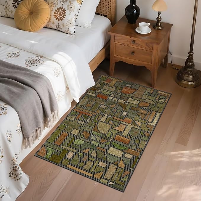 DEXDE Entryway Area Rugs 2x3 Vintage, Non Slip Washable Low Pile Throw Checkered Rug Modern Abstract Door Mat Indoor Soft Small Carpet for Entrance Bedroom Bathroom Laundry, Green