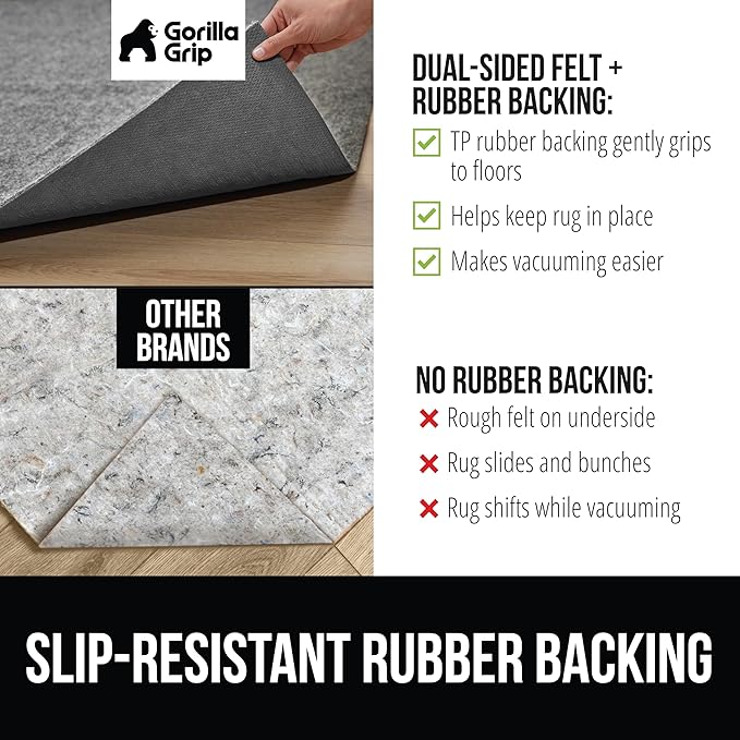 GORILLA GRIP Felt with Rubber Stay in Place Slip Resistant Rug Pad, 1/4 inch Thick, 3x5 FT Protective Padding Under Area Rugs, Cushioned Gripper Pads, Carpet Runners, Hardwood Floors Protection