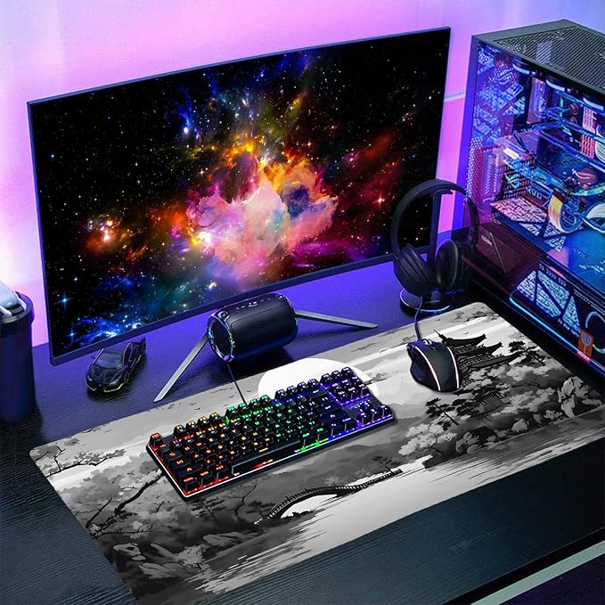Black Gray Japanese Sakura Gaming Mouse Pad Grey White Cherry Blossom Tower Mountain Aesthetic Extended Large Desk Mat Mousepad Non-Slip Rubber Base Stitched Edge Desk Pad for Desktop,35.4 x 15.7 in