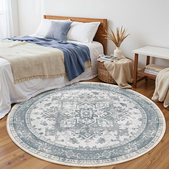 4ft Circle Rug, Soft Round Boho Rug, Washable Non Slip Area Rug for Living Room, Bedroom, Dining Room, Entryway, Round Rugs for Home, Patio, Office, Kids Room, Coral(Blue&Grey)