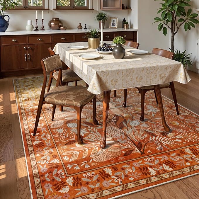 Anidaroel Washable Area Rugs 5x7, Botanical Floral Rugs for Living Room, Non-Slip Soft Rugs for Bedroom Modern Abstract Rug, Stain Resistant Accent Floor Carpet for Office Dining Room, Orange