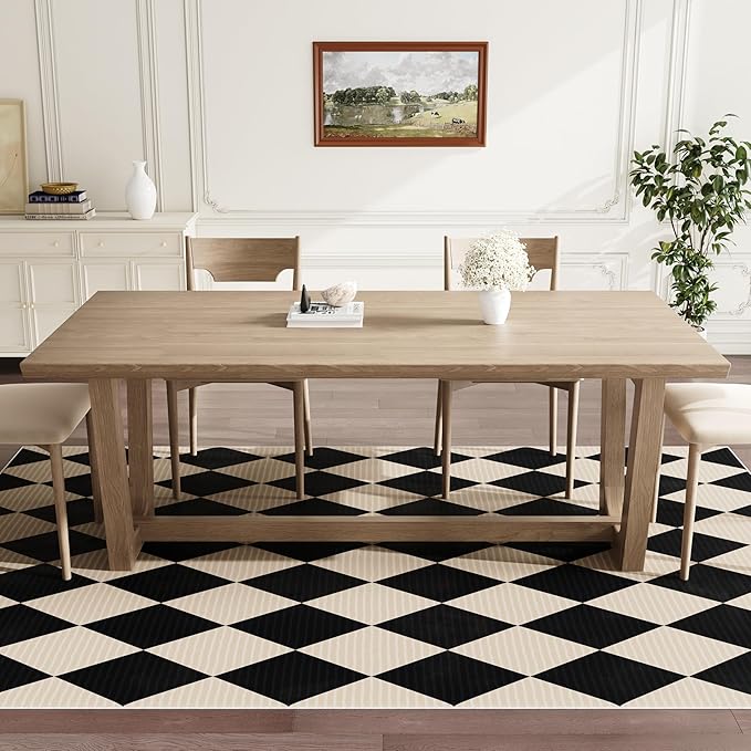 8x10 Washable Checkered Rugs for Bedroom, Black and Beige Area Rug for Living Room, Geometric Faux Wool Carpet for Kids, Girls, Boys Playroom, Dorm, Nursery, Dining Room, Kitchen, Non Slip