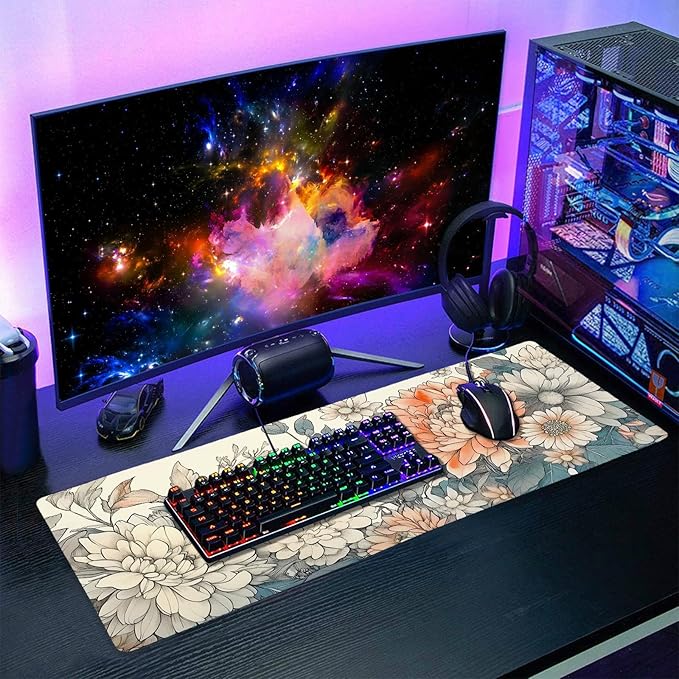 Japanese Aesthetic Floral Gaming Mouse Pad XL Vintage Orange White Flowers Extended Large Mat Mousepad Desk Pad Non-Slip Rubber Base Stitched Edge Long Keyboard Pad for Computer,31.5×11.8 Inch