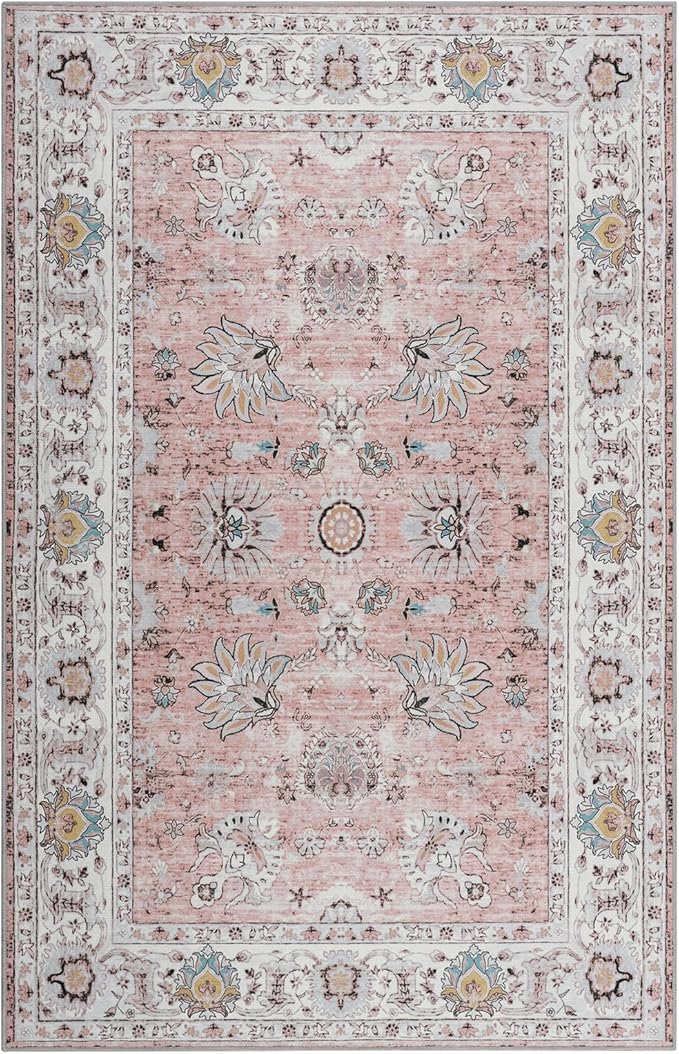 5x7 Washable Area Rug, Large Boho Rugs for Living Room, Pink Rugs for Bedroom Girls Dining Room Office, Anti Slip Low-Pile Stain Resistant Printed Vintage Floral Carpet Christmas Decor