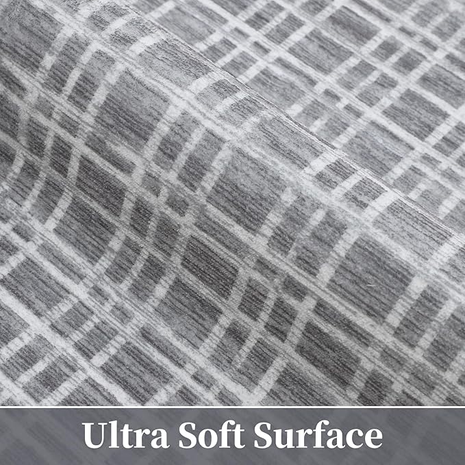 Washable Rug 6 x 9 Area Rug for Living Room Modern Large Area Rug for Bedroom Farmhouse Grid Non Slip Throw Rugs Soft Faux Wool Low Pile Stain Resistant Carpet for Dining Room 6'x9' Grey