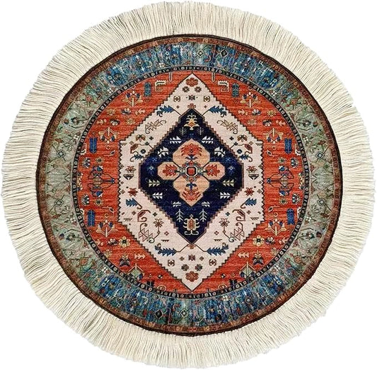 Round Persian Style Carpet Mouse Pad – Vintage Miniature Bohemian Rug Desk Pad, Non-Slip Computer Mouse Mat with Fringed Edges, Elegant Table Decor for Home & Office Accessories