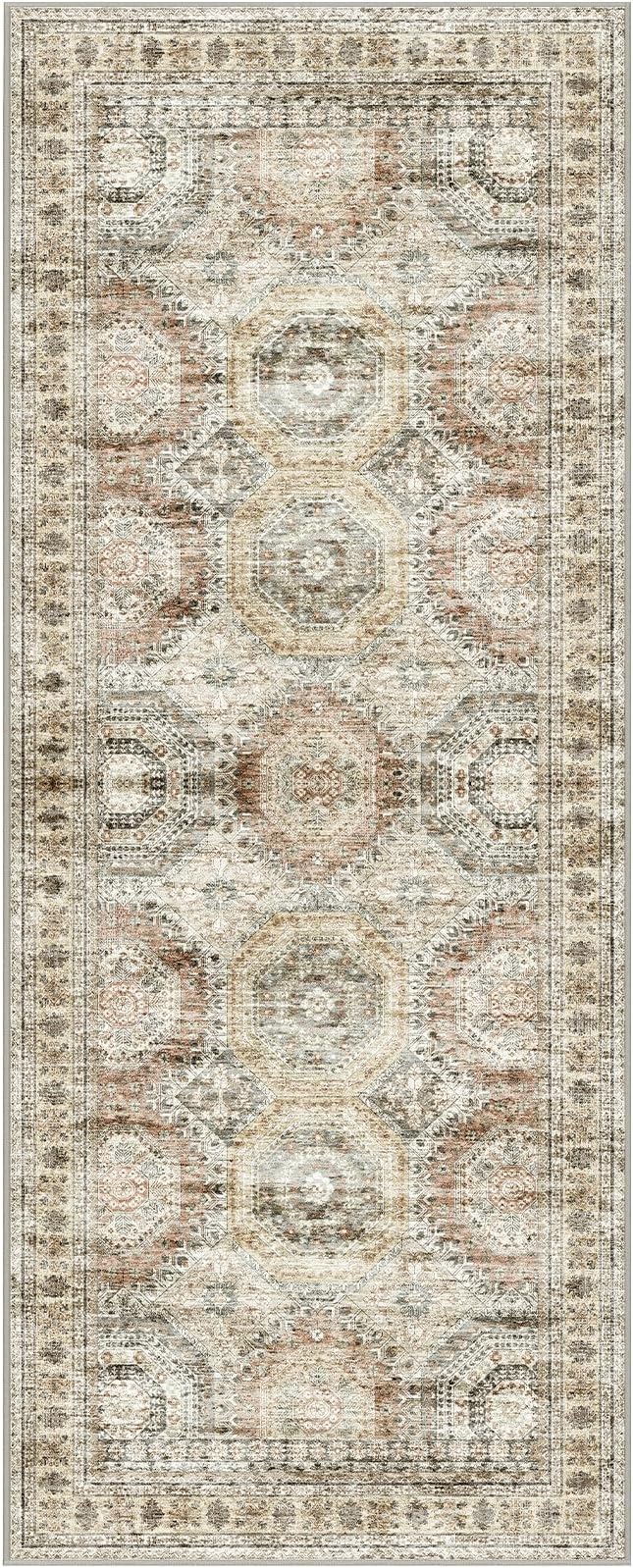 2x5 Rug Runner Washable for Entryway, Soft Bathroom Rugs with Non-Slop Backing, Abstract Low Pile Hallway Runner, Vintage Small Kitchen Carpet for Stair, Laundry Room(2'x5', Brown/Pink)