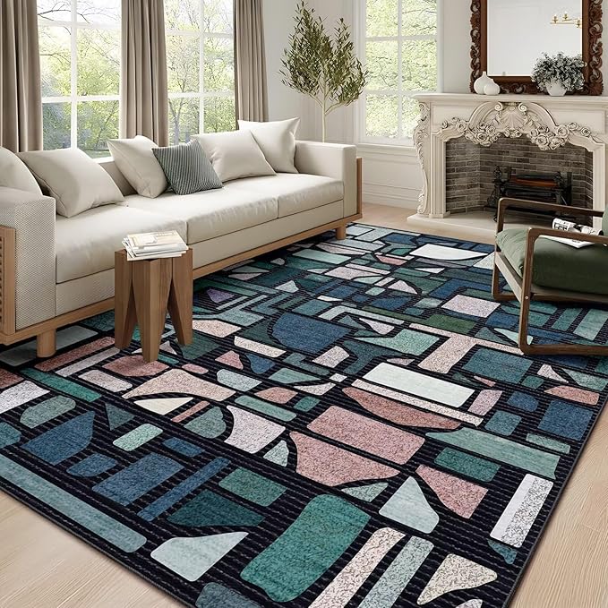 DEXDE 5x7 Area Rug, Vintage Checkered Abstract Rugs for Living Room, Non Slip Washable Large Low Pile Soft Modern Floor Carpet for Dining Room Bedroom Kitchen Office Nursery Playroom, Blue