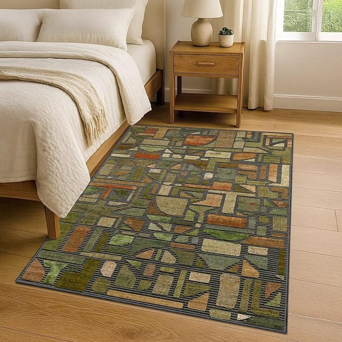 DEXDE Area Rug 3x5, Vintage Checkered Abstract Rugs for Living Room, Washable Modern Non Slip Soft Low Pile Indoor Floor Carpet for Bedroom Office Nursery Bedside Dining, Green