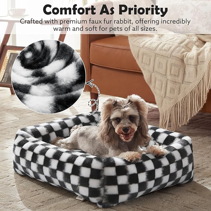 JOEJOY Large Dog Beds Large Sized Dog, Removable Washable Cover Orthopedic Soft Faux Rabbit Fur Pet Bed, Anti-Slip Fluffy Plush Faux Rabbit Fur Puppy Bed, 36"x27"x8", Checkered, Black