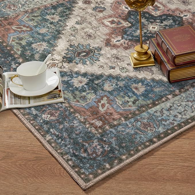 Ciicool 5x7 Area Rugs, Washable Area Rug Boho Rugs for Living Room Non-Slip Indoor Rugs Large Low-Pile Mat Floor Carpet Vintage Rug for Bedroom Office Dinning Foyer Decor