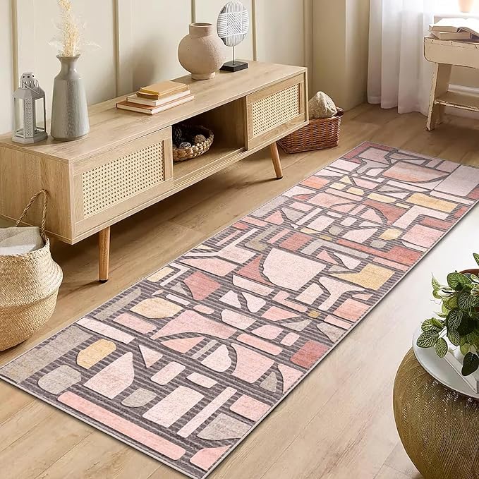 DEXDE 2x6 Runner Rug for Hallway, Washable Abstract Non Slip Low Pile Throw Vintage Checkered Rugs Soft Modern Indoor Carpet for Kitchen Bedroom Bathroom Laundry Entrance, Pink