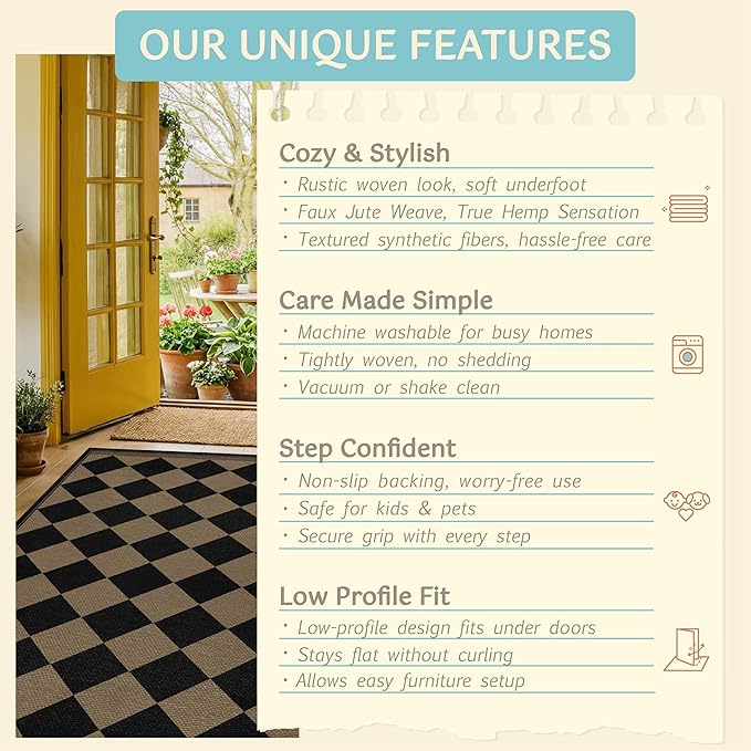 Vintage Rustic Cabin Easy Jute Black and Brown Checkered Rug for Dining Room 6x9, Stain Resistant Non-Slip Checkerboard Living Room Rug, Durable Boho Border Low Pile Carpet for Bedroom and Office