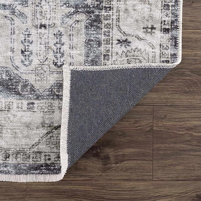 Hauteloom Carnig Bohemian Vintage Medallion Area Rug - Farmhouse Oriental Carpet for Living Room, Bedroom - Machine Washable- Off White, Dusty Blue, Charcoal - 7'10" x 10'3"