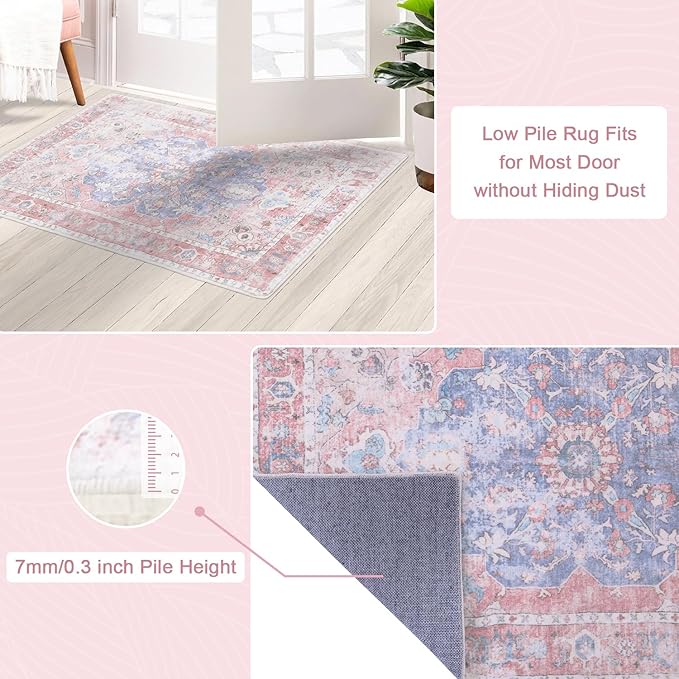Hallway Runner Rug, 2x6 Washable Pink Area Rug, Honeycomb Non Slip Kitchen Runner Rugs, Soft Faux Wool Carpet for Hallways Entryway Kitchen Laundry Bedroom