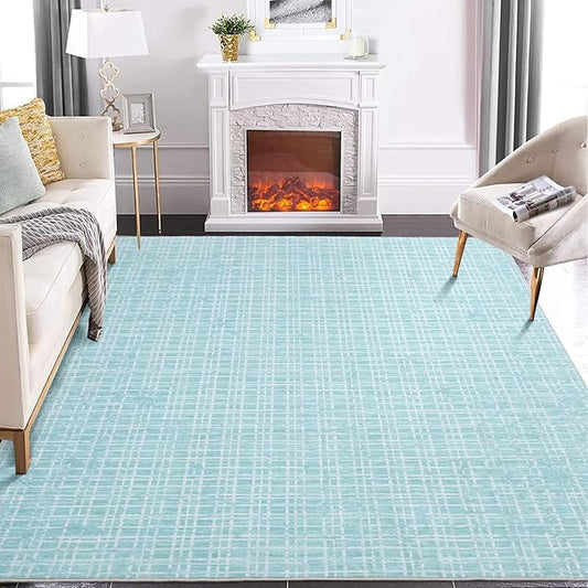 GAOMON 9x12 Washable Modern Checkered Area Rug Indoor Plaid Print Floor Cover Soft Faux Wool Throw Carpet Aesthetic Foldable Thin Non-Slip Accent for Living Room Bedroom Teal