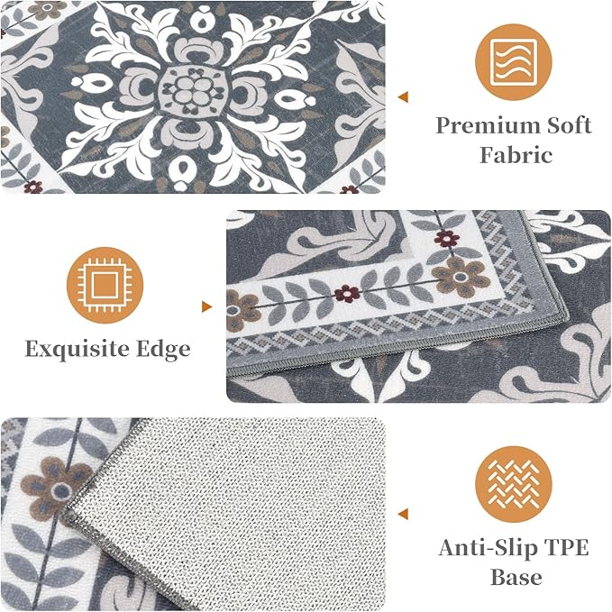 Kitchen Rugs Set of 3, Non-Slip & Washable Floor Mats, Water-Absorbent Area Pad, Standing Desk Mat for Office, Home, Doorway, Laundry, Kitchen Accessories (Grey)