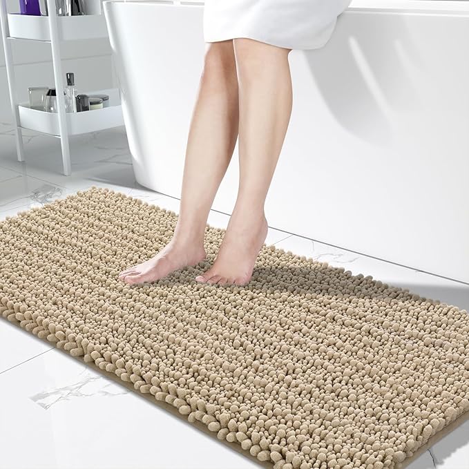 Yimobra Bathroom Runner Rug 60x24 Inch - Extra Long Non Slip Chenille Bath Mat, Soft & Absorbent, Machine Washable Shaggy Hallway Carpet for Vanity Tub Shower, Camel Home Decor Accessories