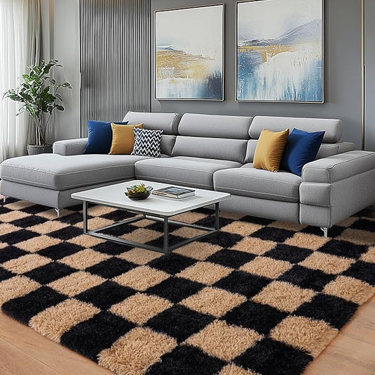 Checkered Rug 4x6 for Bedroom, Fluffy Plush Area Rug Non Slip, Modern Indoor Shag Rugs for Living Room Girls Kids Room Nursery Dorm Home Decor, Black and Beige
