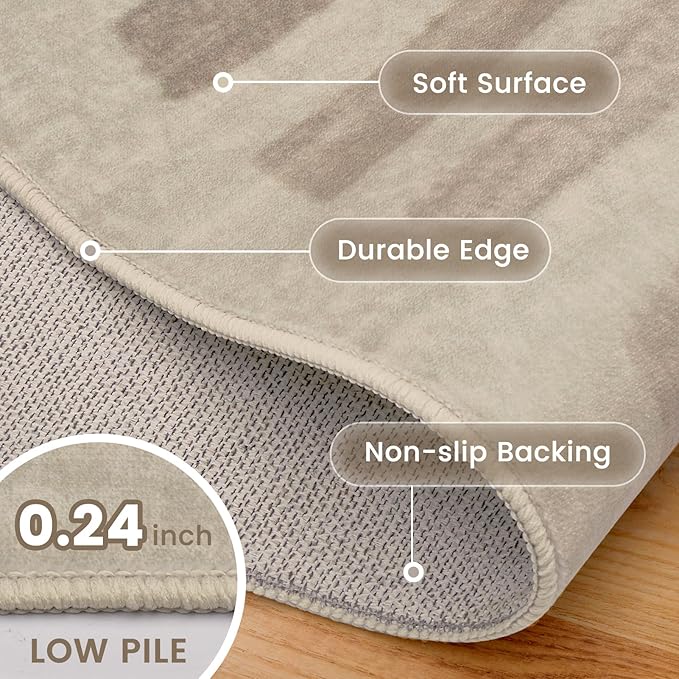 Washable Area Rugs, 8x10ft Soft Rug for Living Room and Bedroom Vintage Striped Rug Stain Resistant with Non Slip Backing Geometric Checkered Foldable Print Mat for Home Decor