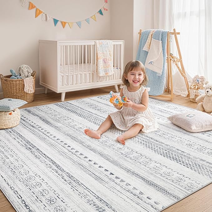 Area Rug Living Room Rugs - 8x10 Washable Boho Farmhouse Bohemian Neutral Large Moroccan Geometric Soft No Slip Indoor Thin Floor Carpet for Bedroom Under Dining Table Home Office - Grey