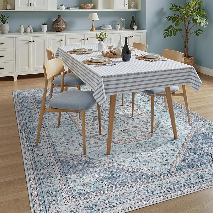 DCX Blue 5x7 Area Rug, Machine Washable Non Slip Stain Resistant Rug, for Living Room, Bedroom, Playroom, Soft Low Pile Large Nursery Carpet