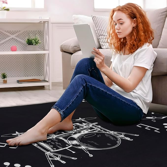 4.6Ft x 5.9Ft Drum Mat Drum Carpet Tightly Woven Fabric with Non-Slip Grip Bottom Drum Rug for Bedroom, Studio, Apartment, Soundproof, Roll of 27.6 Square Feet (White Drum Stand)