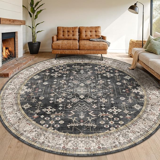 10ft Round Washable Rug - Large Area Rug for Living Room, Dining Room, Black Soft Farmhouse Bedroom Carpet with Geometric Floral Pattern, Modern Boho Décor, Low Pile & Soft Stain Resistant