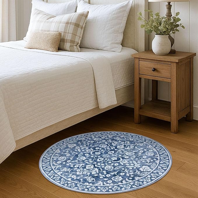 Blue and White Round Rug 3 Ft Rugs for Entryway Washable Circle Entrance Rug Non Slip Round Doormat Indoor Printed Faux Wool Round Front Door Mat Floor Carpet for Backdoor, Bedroom