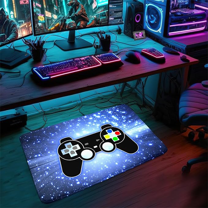 Game Video Gamepad Rugs, Boys Gamer Theme Carpets, Modern Gaming Space Blue Starry Sky Printed Large Carpets for Bedroom Living Room Mat Gaming Room Home Decor Mat