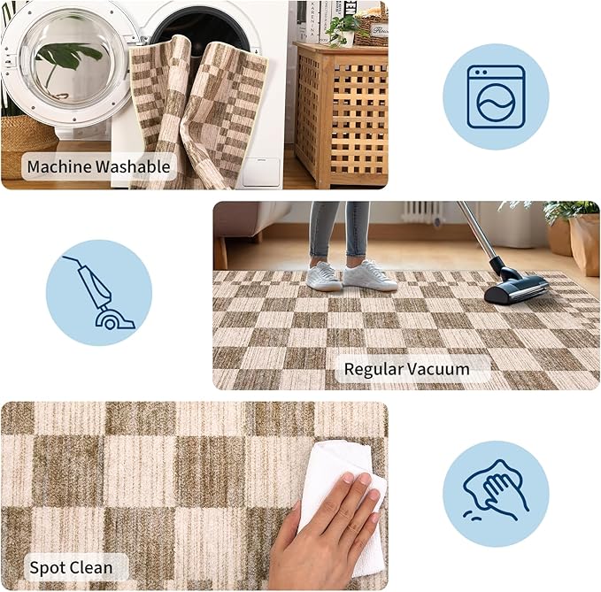 GarveeHome Brown Checkered Rug 6×9 Area Rugs for Living Room,Non-Slip Geometric Tan Brown Print Washable Rug Soft Low-Pile,Neutral Modern Checkerboard Farmhouse Rugs for Bedroom Dining Room