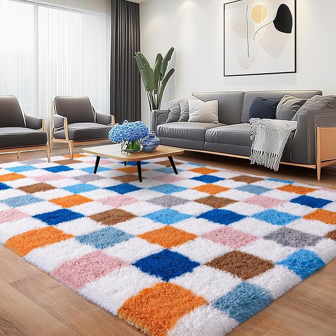 Checkered Rug 4x6 for Bedroom, Fluffy Plush Area Rug Non Slip, Modern Indoor Shag Rugs for Living Room Girls Kids Room Nursery Dorm Home Decor, Colorful Rainbow Carpet