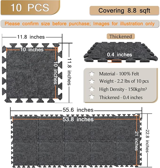 BXI Soundproof Interlocking Rug Pad 10 Pcs, 11x 11 x 0.4 inches Non Slip Rug Pads, High Density Noise Reduction Puzzle Felt Carpet Padding, Rug Mat Protects and Adds Cushion for Hardwood Floors