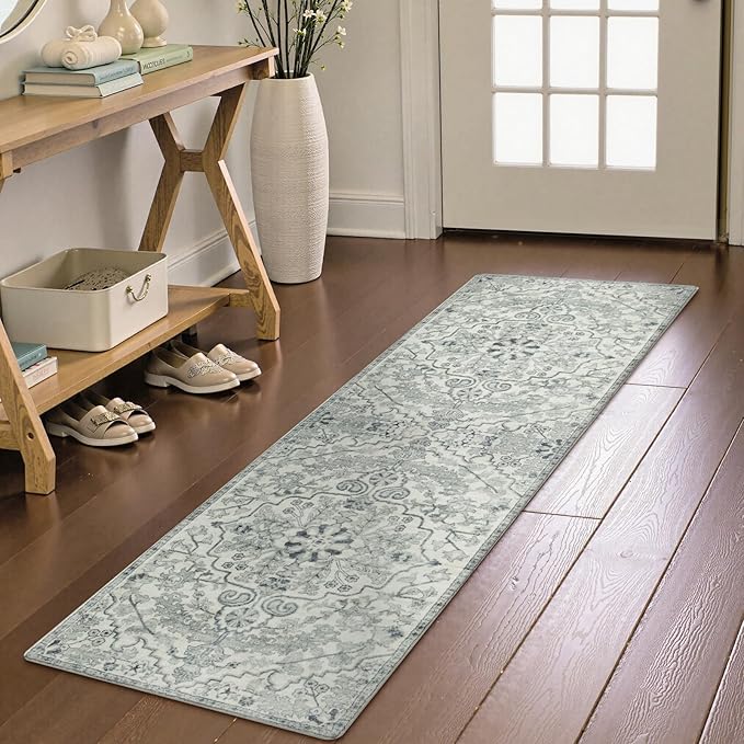 Lahome Washable Runner Rugs with Rubber Backing, 2x7 Hallway Runner Rug Soft Kitchen Carpet Runner, Bohemian Non-Slip Low Pile Printed Throw Rug Runners for Bathroom Bedside RV, Beige